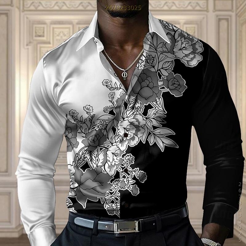 Men's Shirt with Contrasting Floral Print Long Sleeved Shirt, Fashionable Lapel Cardigan Shirt, Business Casual Men's Clothing