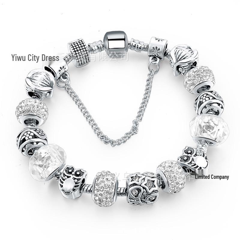 White Round Beaded Bracelet with Pandora DIY Drip Oil Large Hole Bead