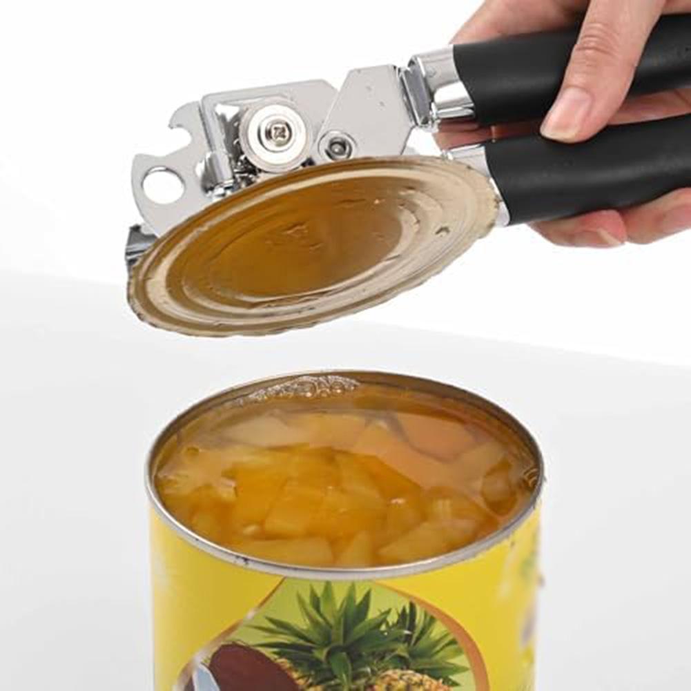 Manual Can Opener Stainless Steel with Non Slip Rubber Handle and Safety Magnet for Clean and Safe Lid Removal