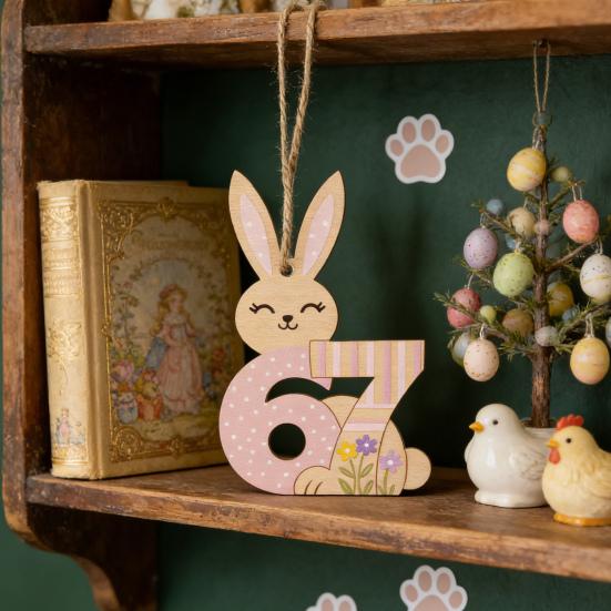 Yousheng 67 Bunny Easter Basket Tag Wooden Bunny Hanging Tag Funny Six Seven Rabbit Farmhouse Easter Sign for Spring Party Supplies