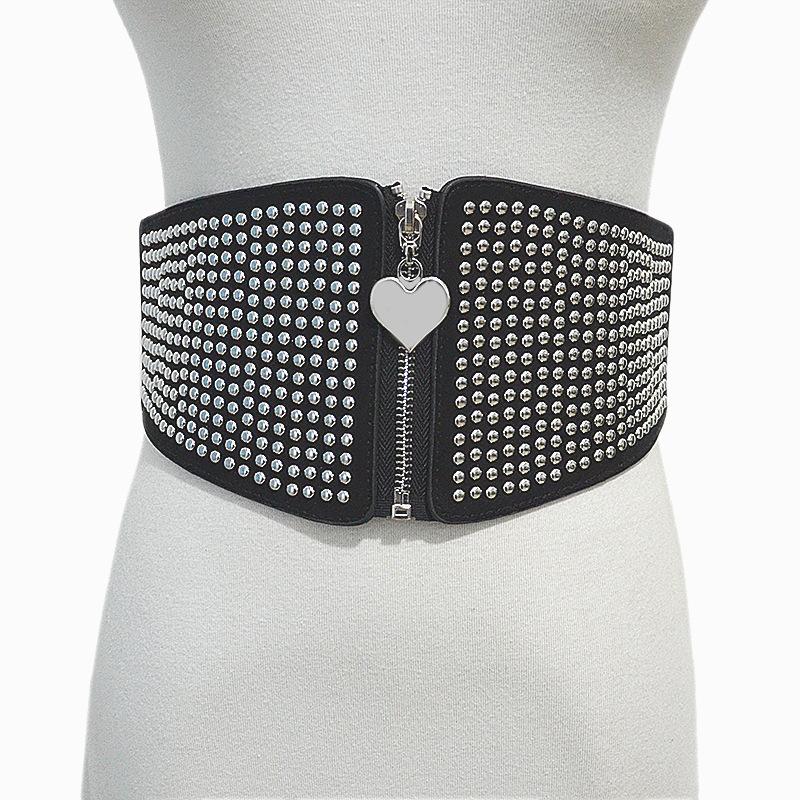 Women s belt - elastic waist cincher, slimming punk style, rivet embellished wide waist belt 68-90cm