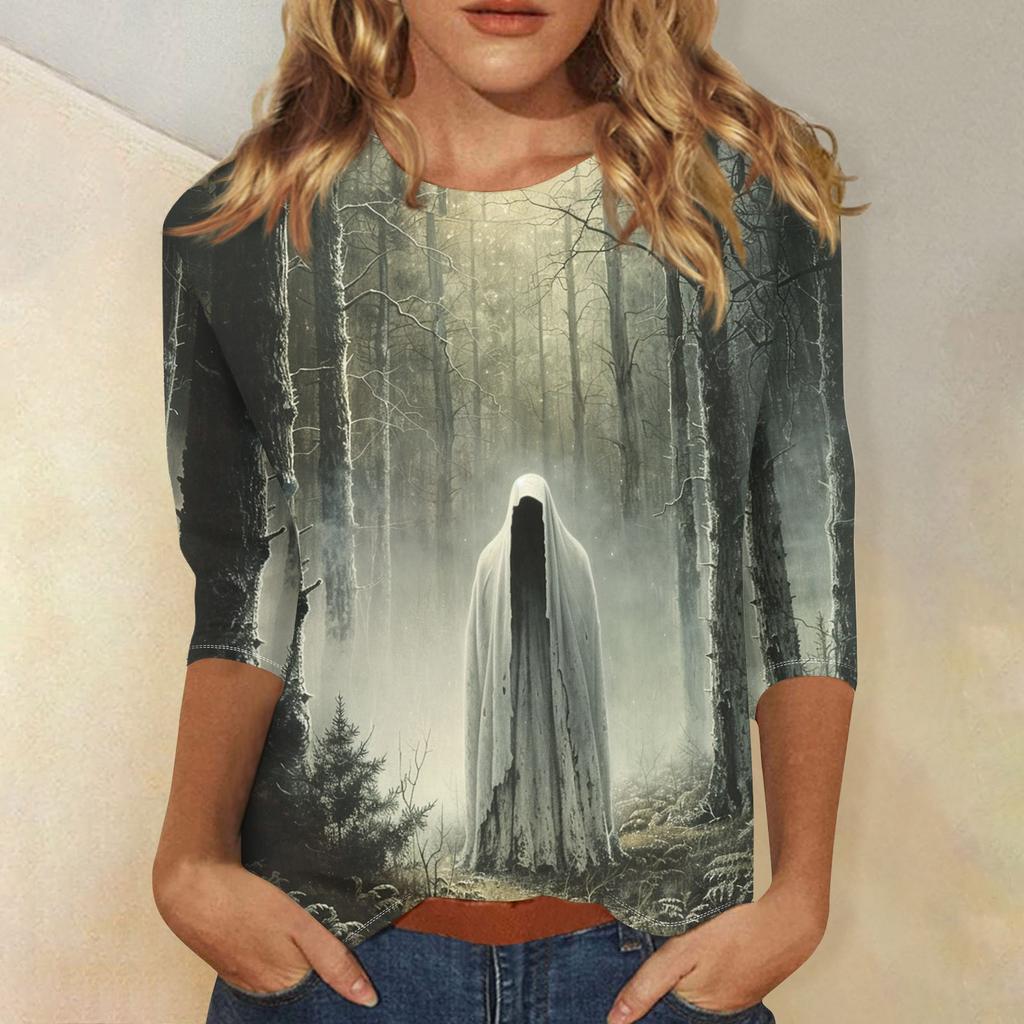 Women's Fashion Casual Three-quarter Sleeve Halloween Printed Round Neck Top