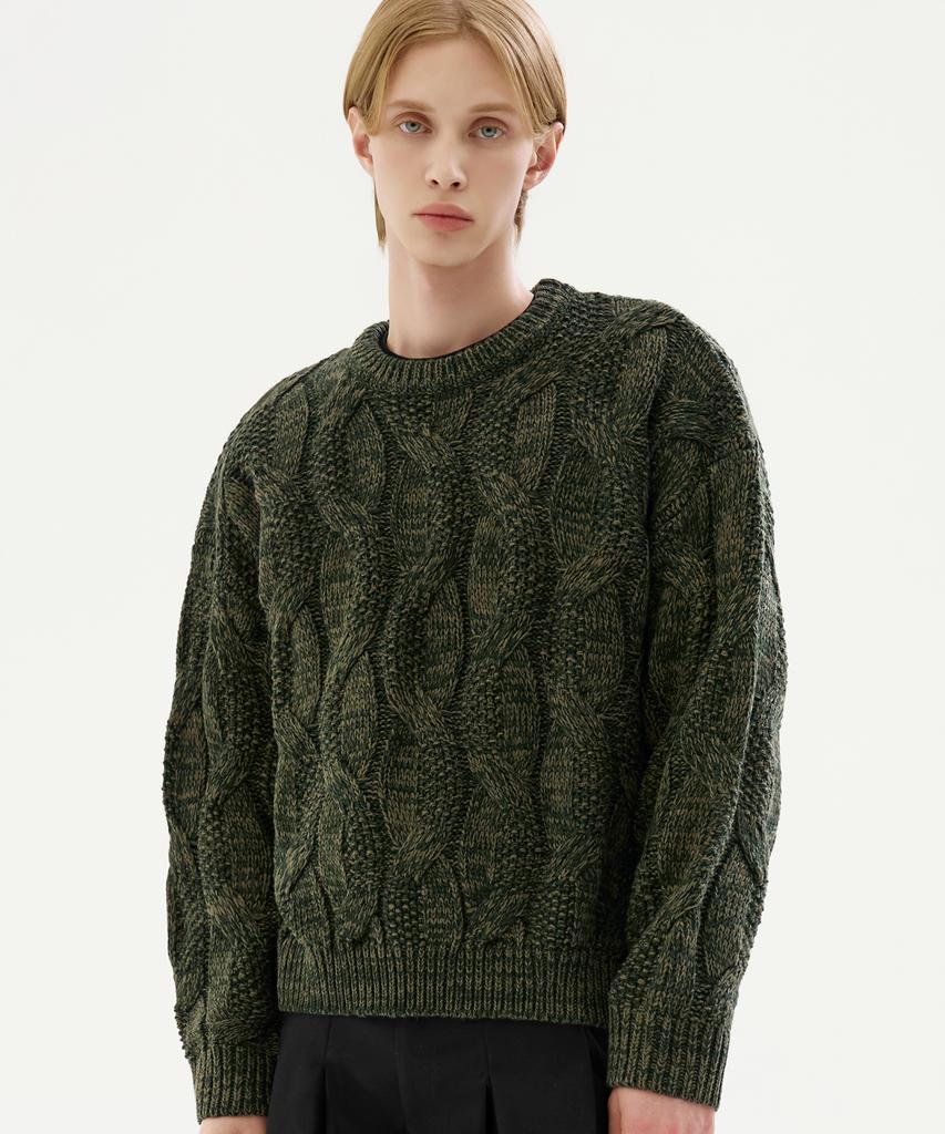 TRILLION Washable Big Cable Oversized Crew Neck Knit [Khaki]