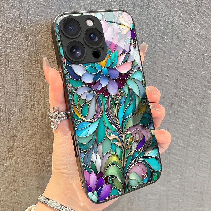 Retro Gothic Stil Bunt Floral Gehärtetes Glas Handyhülle Für iPhone 17 16 15 14 13 12 11 Pro Max 16E 7 8 Plus XR XS X Cover
