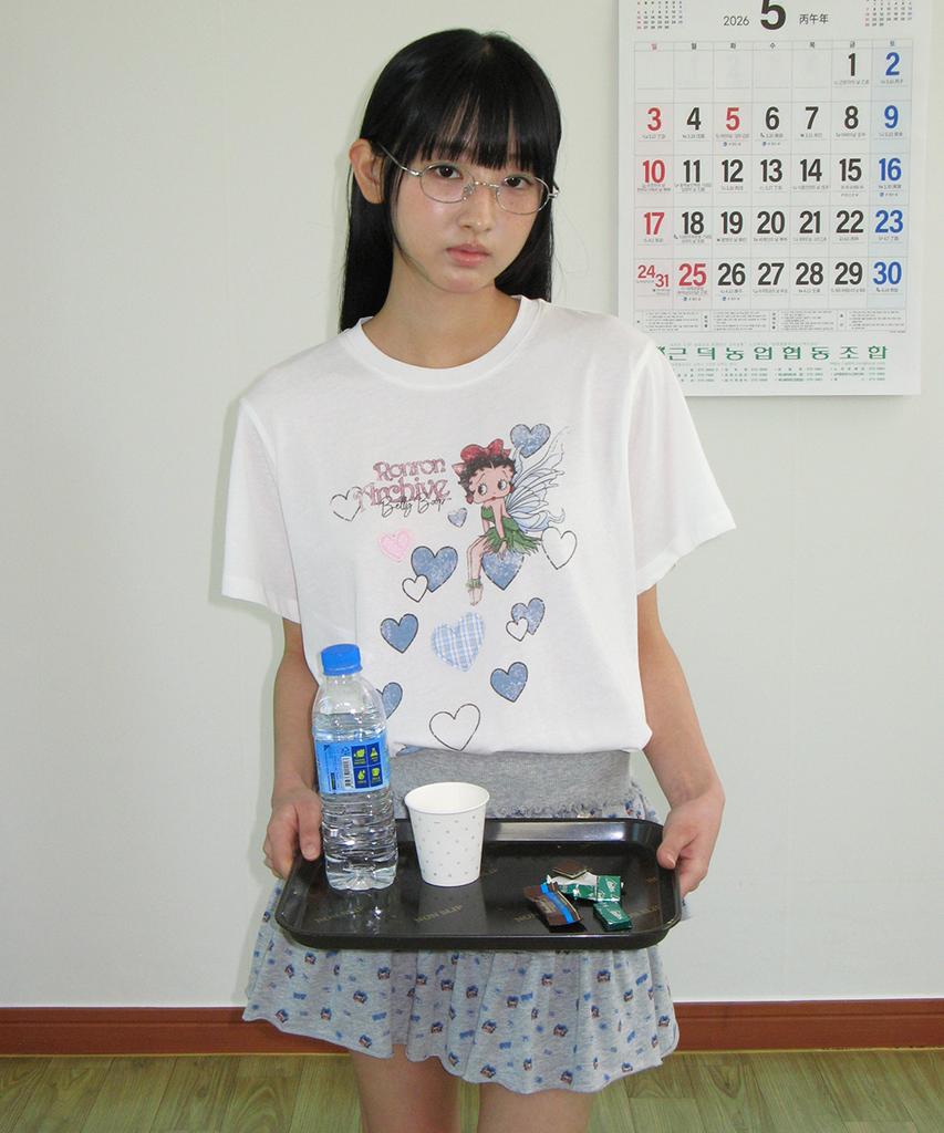 RONRON Betty Boop Fairy Heart Applique Basic Fit T Shirt White