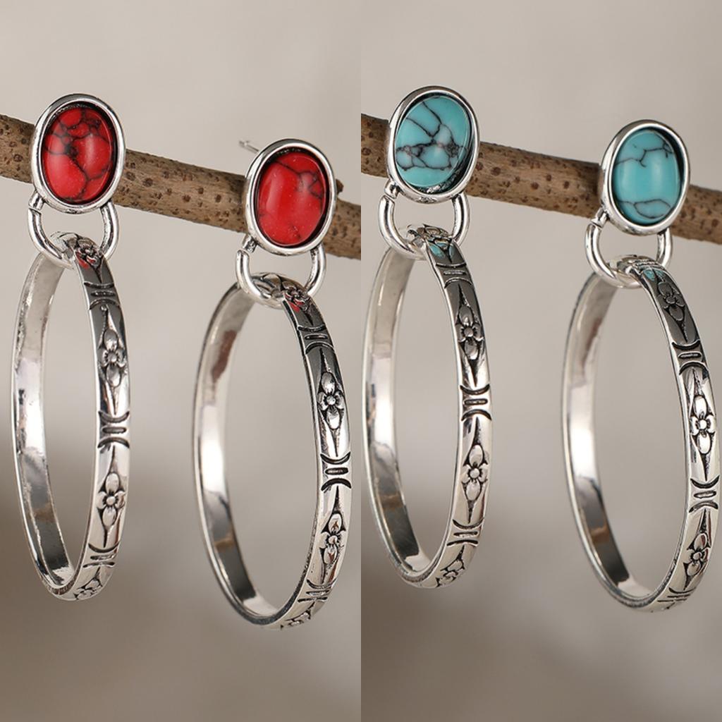 Vintage Red Green Synthetic Turquoise Hollow Circle Dangle Earrings Women Bohemian Style Silvery Plated Holiday Jewelry