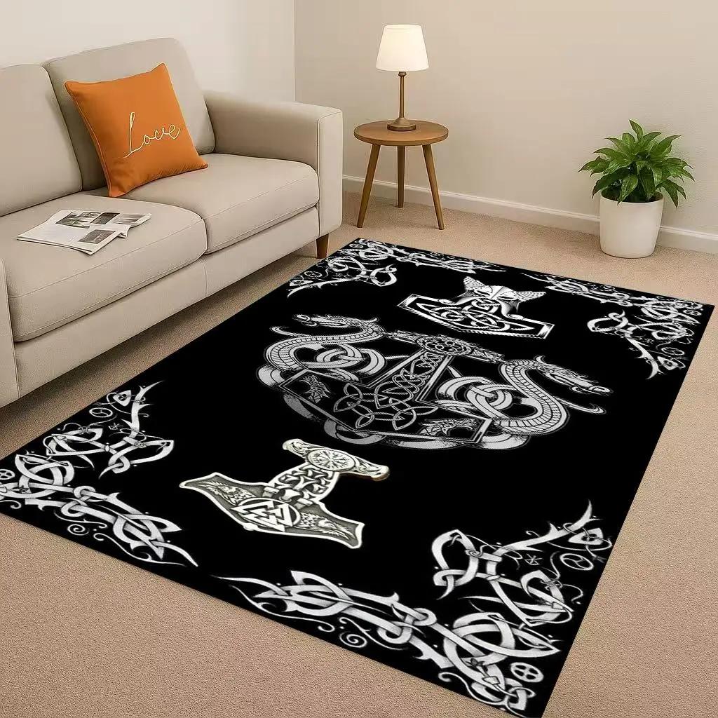3D severský vikingský totem Vegvisir runa Valhalla Valknut Protiskluzový koberec do obývacího pokoje Měkký koberec do ložnice k pohovce, Domácí rohožka