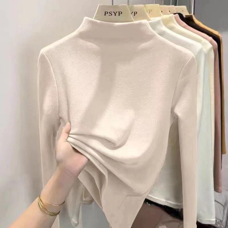 Double-Sided Dralon Half Turtleneck Bottoming Shirt Women s Inner Wear Autumn and Winter Long Sleeves T-Shirt Plus Size Ladieswear Thickened Warm Coat 9909 Apricot XL