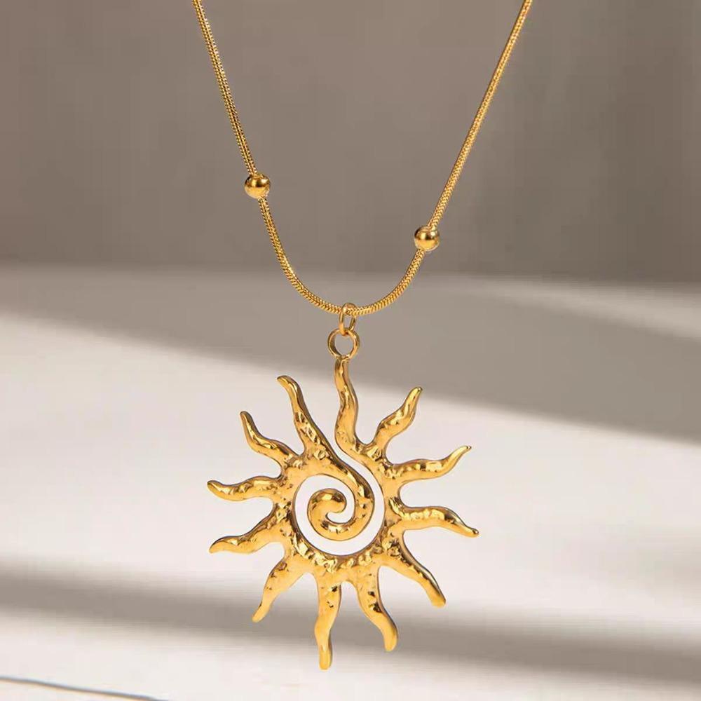 Fashion Vintage Chic Sun Shaped Pendant Necklace Stainless Steel Earrings Statement Golden Fashion Jewlery Accessories Gift