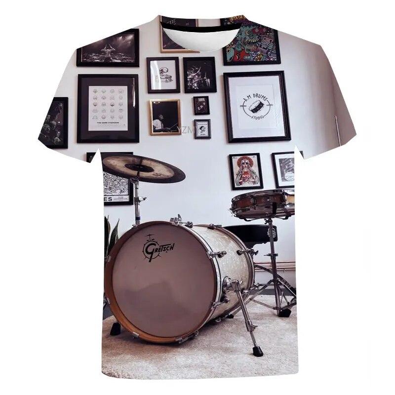Letní móda Drum 3D tisk Pánské tričko Mládež Ležérní Trička s kulatým výstřihem Krátký rukáv Harajuku Music Exkluzivní oversized top