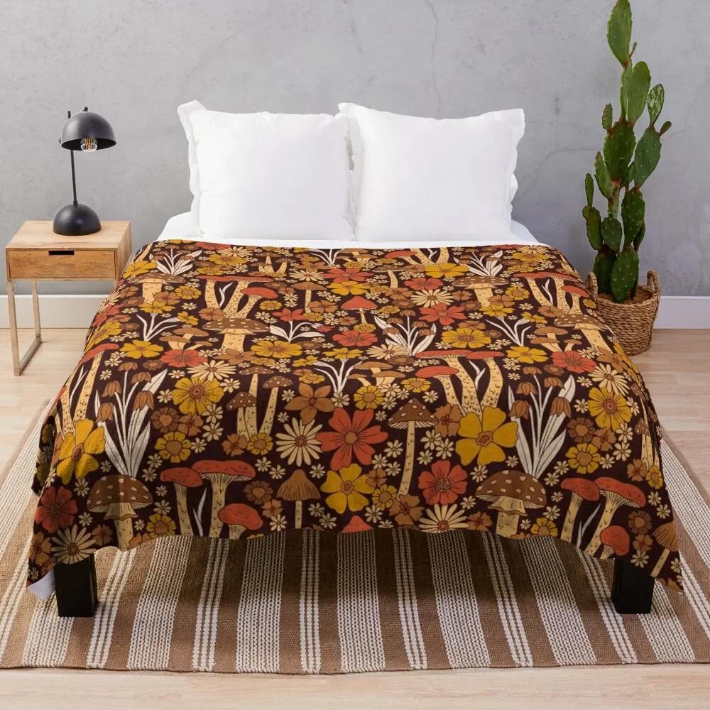 Mushroom Flannel Throw Blanket King Queen Size Brown Mushroom Pattern for Bed Sofa Couch Decor Smooth Lightweight Super Soft