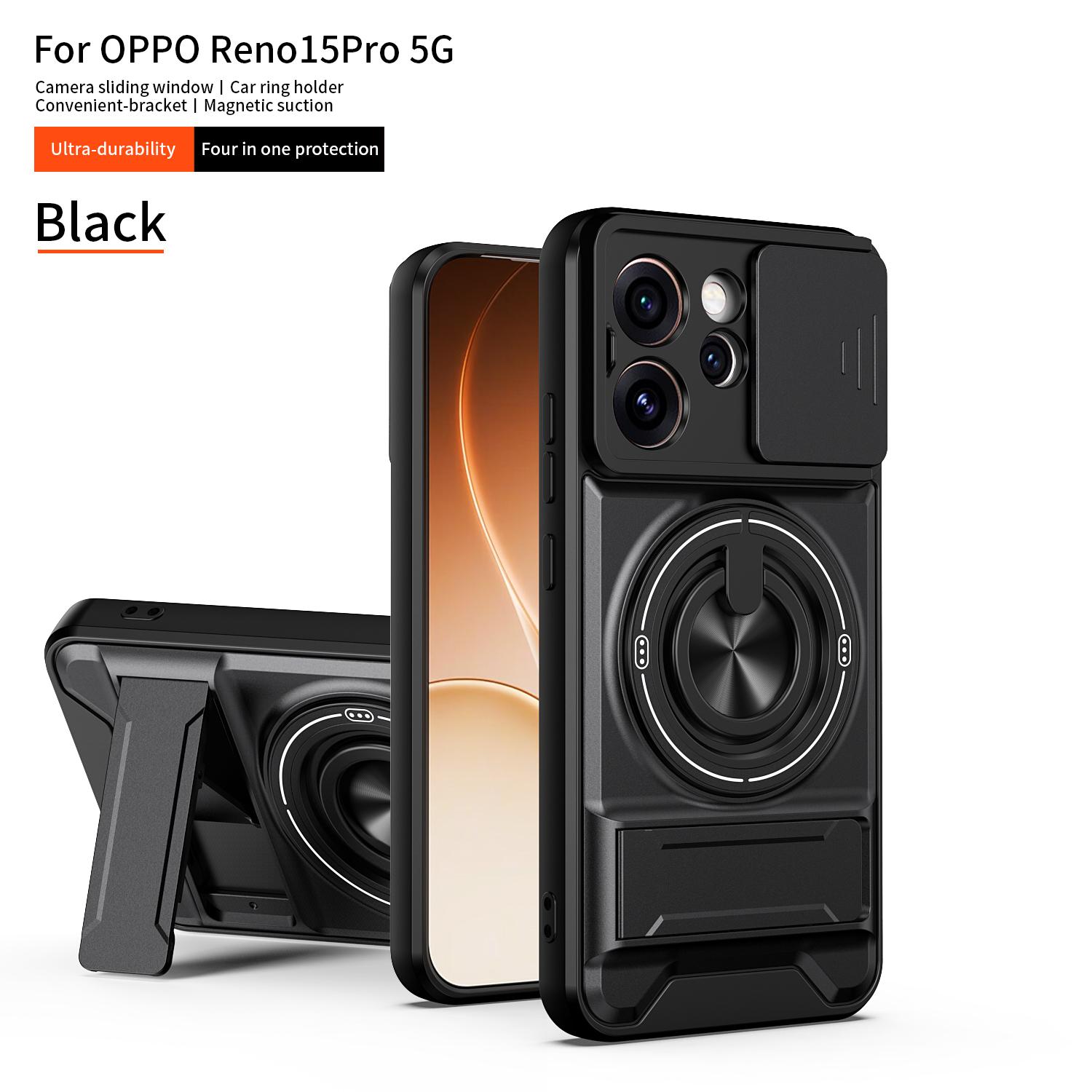 

Slide Camera Shockproof Bumper Cover for Oppo Reno 15 Pro 5G Case With Built-in Ring Stand and Folding Stand for Oppo Reno 15 Pro 5G чёрный