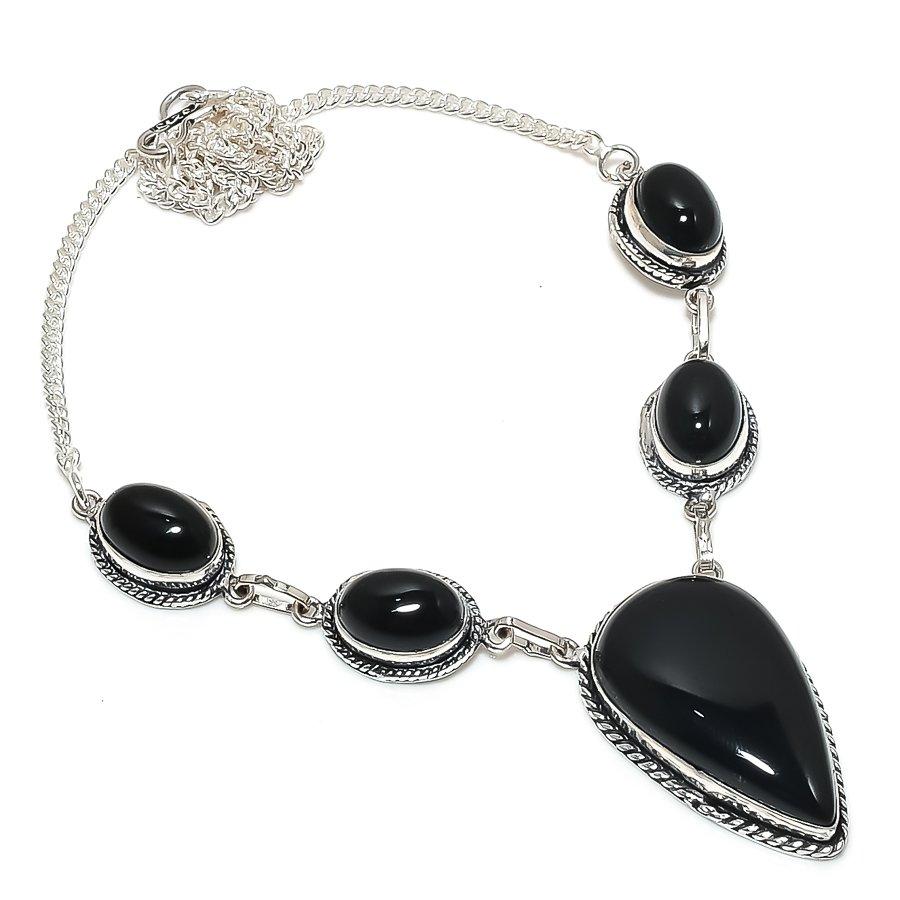 Black Onyx Gemstone 925 Sterling Silver Jewelry Necklace 18"