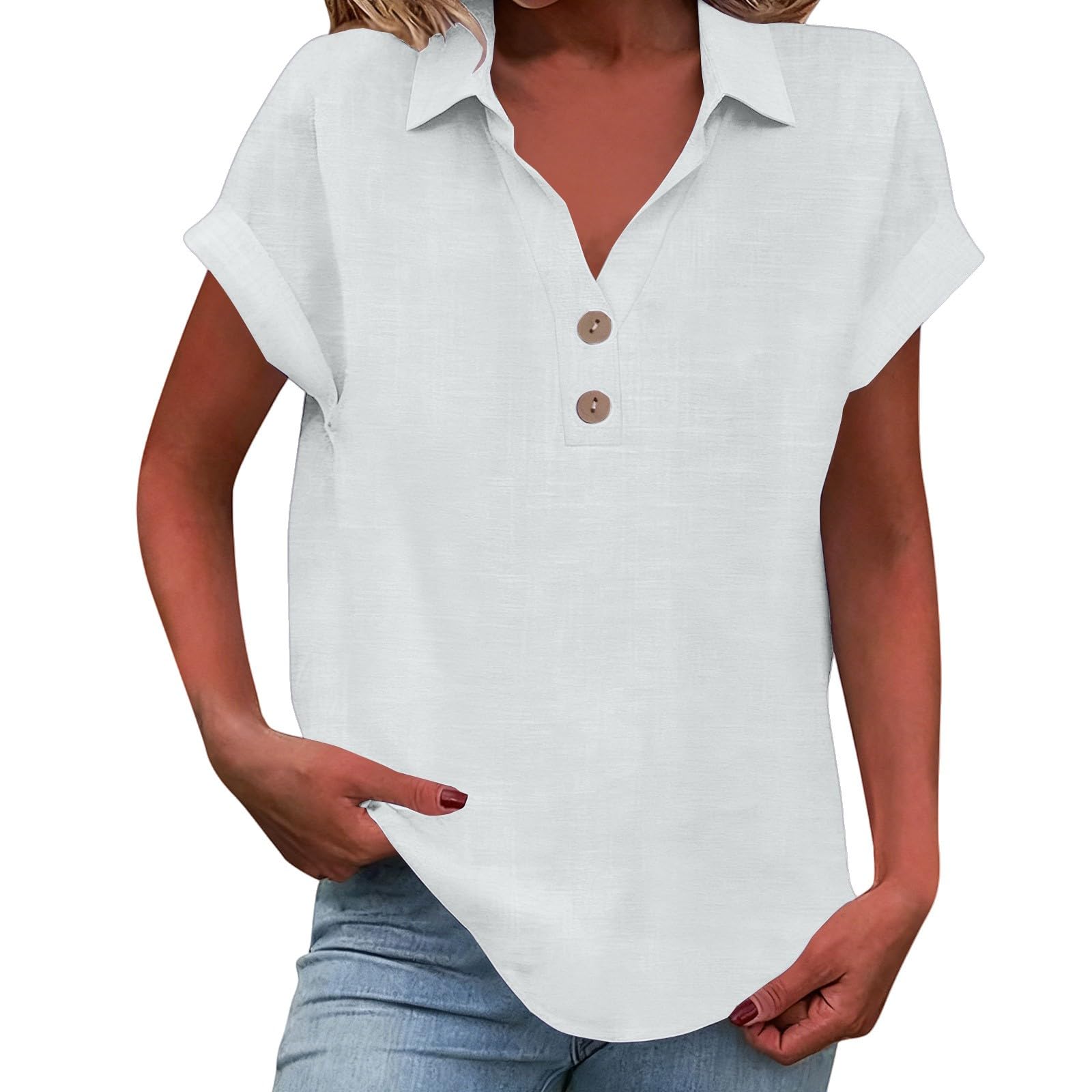 

Women s Fashion Casual Solid-Colour Button-Down Collar Short-Sleeved Shirt T-Shirt Top L білий