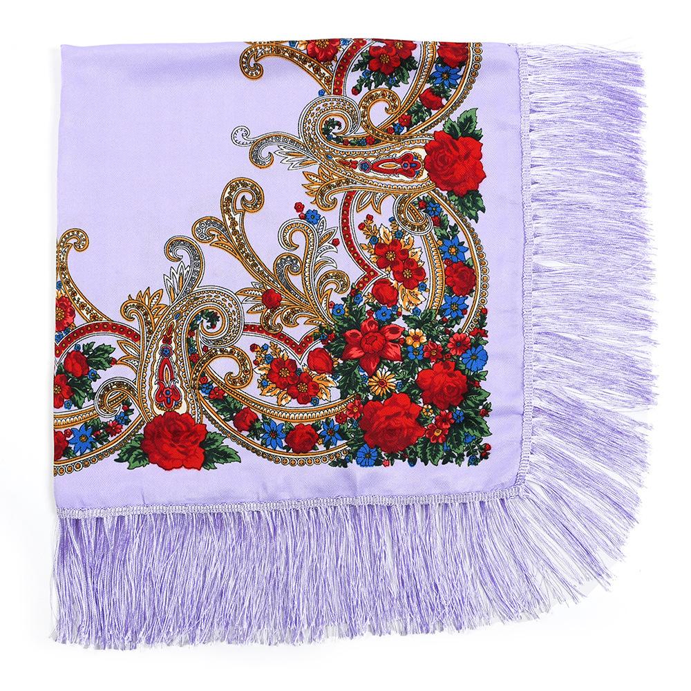 

100*100 см русский квадратный шарф женский роскошный цветочный принт бандана с бахромой украинская шаль светло-фиолетовый
