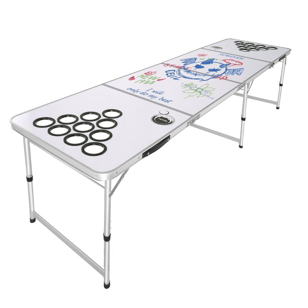 2.4 m Portable Beer Pong Table, Folding Tailgate Table, Cup Holes, Dry Erase Markers and Carrying Handles, Adjustable Height, Lightweight Table for