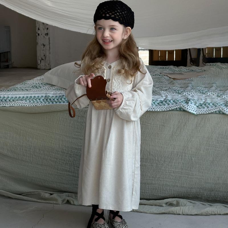 Girls' Spring Retro French Lace Long Sleeve Dress