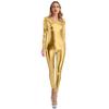 Womens Metallic Bodysuit Shiny Unitard Long Sleeve Round Neck Full Coverage Slim Fit Dance Performance Wear