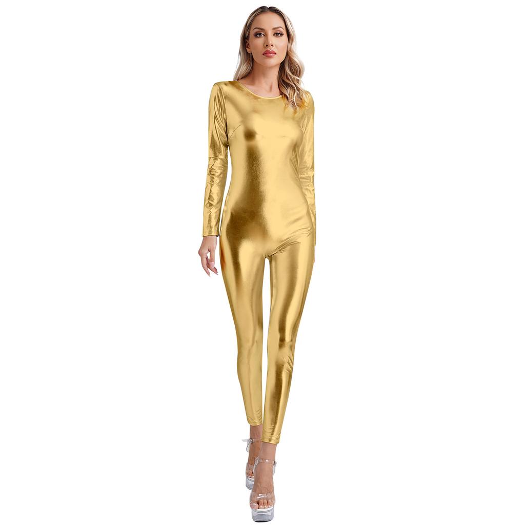 Womens Metallic Bodysuit Shiny Unitard Long Sleeve Round Neck Full Coverage Slim Fit Dance Performance Wear