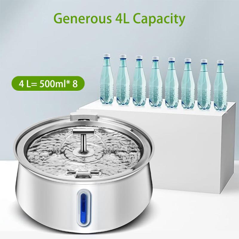 4L Cat Water Fountain Round Stainless Steel Automatic Drinking Fountain Double Outlet Cat Drinker Suitable for Two Pet Dog Cat