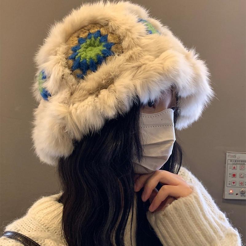 Cartoon Style Wool Beanie With Plush Fur Material And Adjustable Fit For Casual Wear
