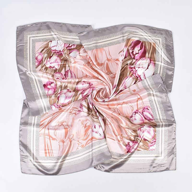 1Pcs Tulip Bouquet Printed Silk Scarf For Women Imitation Silk Fashion Versatile 90Cm Satin Large Square Scarf Headscarf
