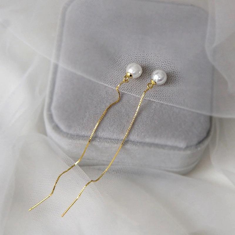 Gold Plated Pearl Threader Earrings, Delicate Long Chain Drop Earrings for Women