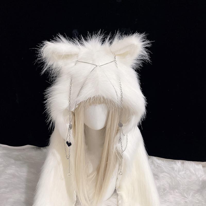 

Punk Plush Fox Cat Ears Hat Scarf One-Piece Fluffy Faux Fur Animal Hats Halloween Christmas Costume Party Anime Accessories белый