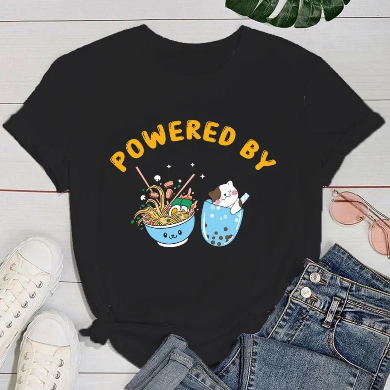 

(Premium T-shirt)New Hot Powered By Ramen Cat Printed T-Shirts Women Girl Casual Loose Round Neck Creative Personalized T-Shirts XXXXXL різнокольоровий