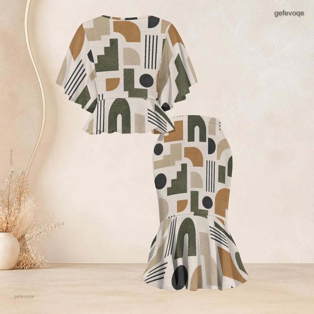 Women Plus Size Two Piece Skirt Set Round Neck Batwing Sleeve Printed Ruffle Hem Top Fishtail Skirt Red Black Gray