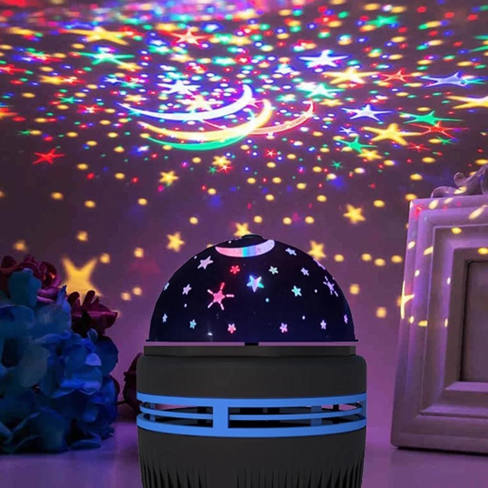LED Night Light Starry Moon Projector Lamp USB Plug-in RGB Colorful Room Ambiance Lamp Auto-Rotating Kids Room Party Bar Decor