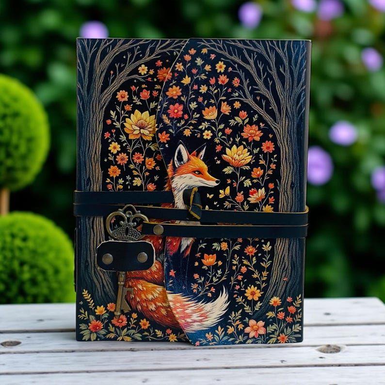 Fox Leather Journal Vintage Handmade, Grimoire Fat Journal with Key Blank Spell Book of Shadows, Celestial Christmas Gifts