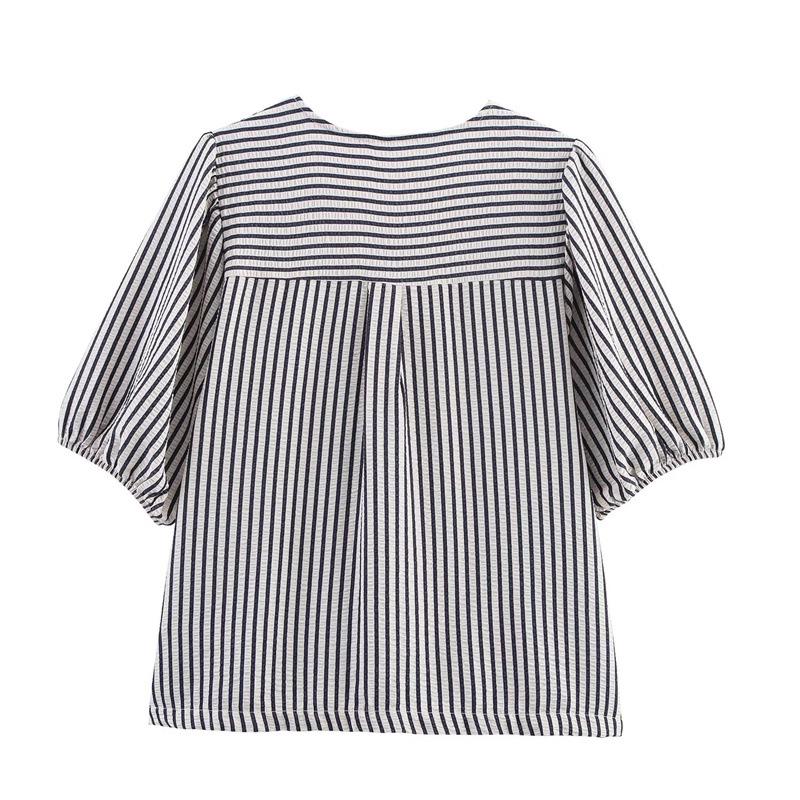 2025 Women's Autumn European & American Bow Striped Short-Sleeve Top 1165057