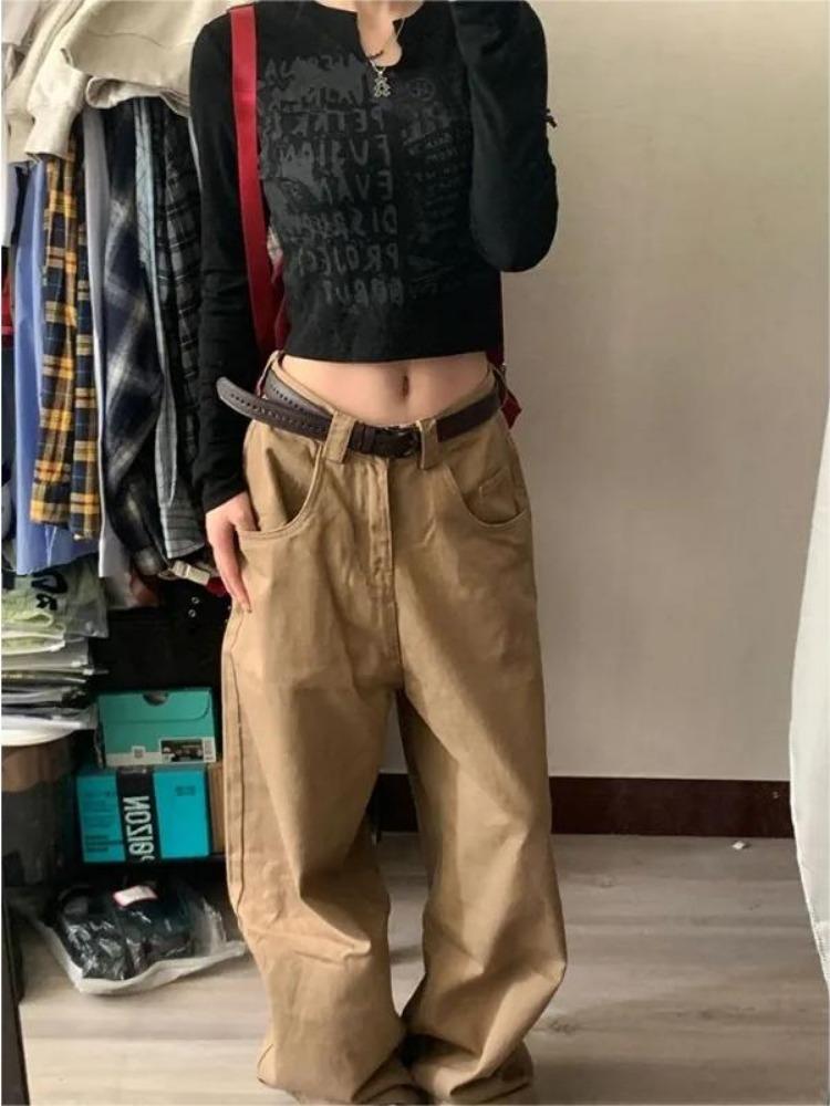 Jean cargo vintage marron Y2k pour femme, pantalon surdimensionné de style japonais des années 2000, pantalon large en denim coréen Harajuku