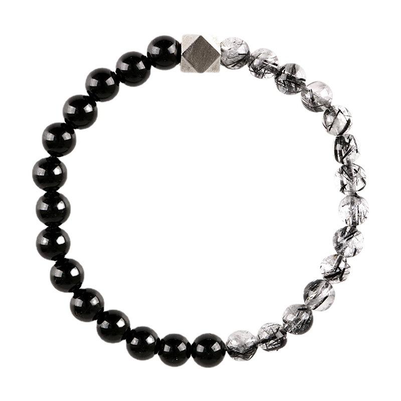 Original design natural black rutilated quartz s9Silver octagonal beaded bracelet for men and women, simple design for couples