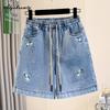 Korean Style Plus Size Summer Women Basic Shorts Drawstring High Waist Blue Denim Casual Loose Wide Leg Shorts Vintage Floral Embroidery Shorts XL-5XL