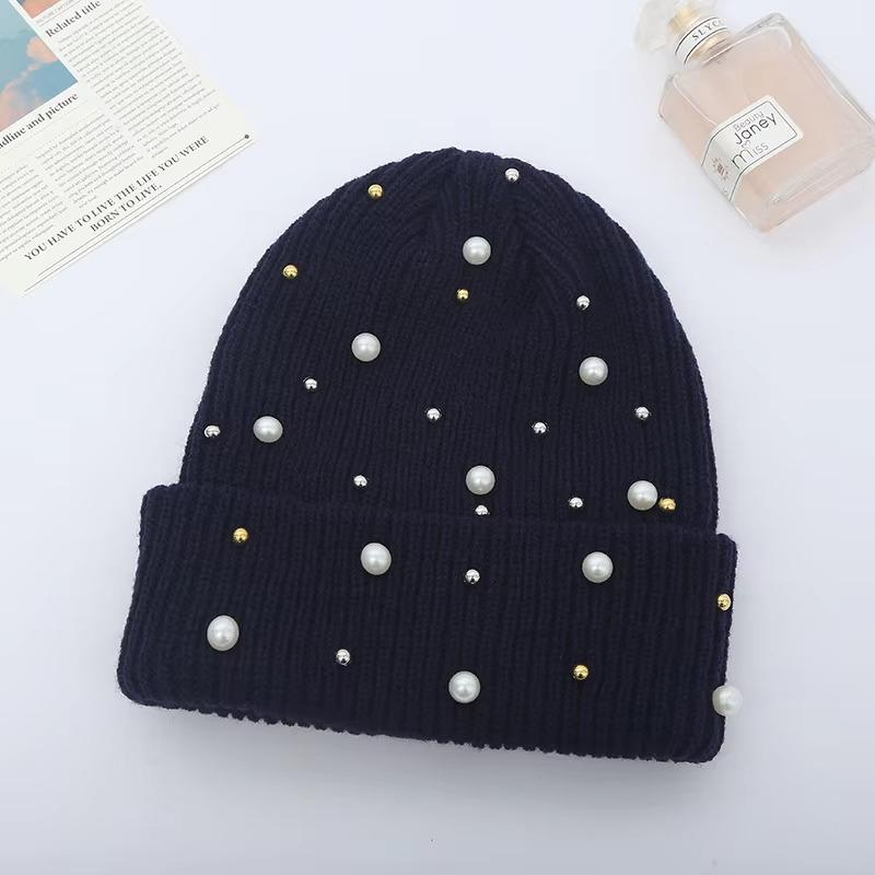 Autumn and Winter Fashionable Solid Color Keep Warm Rhinestone Pearls Knitting Hat Women Rivet Versatile No Eaves Pullover Hat