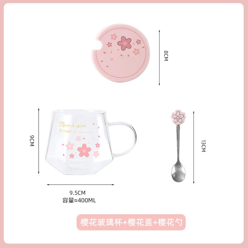 Sakura Glass Water Cup, Heat-resistant Tea Cups, High Aesthetic Mug, Spoon with Lid, Home Office Milk Coffee Mugs, Holiday Gift