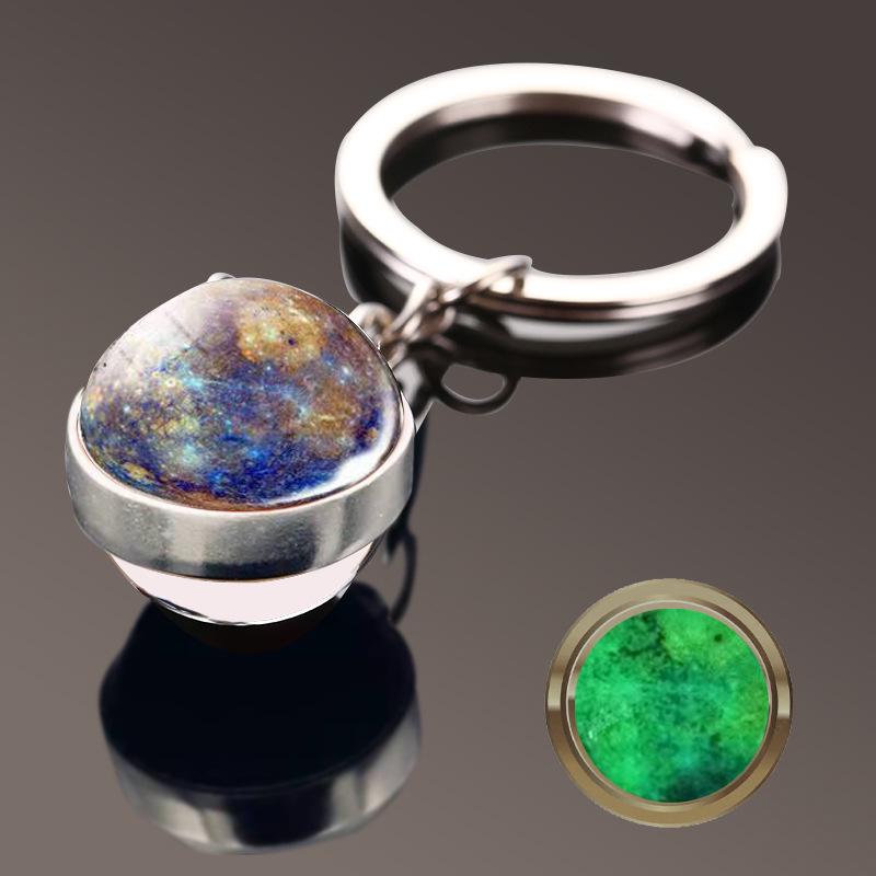 Double-Sided Glass Galaxy Keychain with Moon, Earth, Mars Pendants