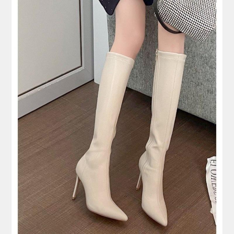 

8 см Тонкий каблук Белые длинные сапоги для дам Задняя молния Остроносые Высокий каблук Сапоги до середины икры Женская мода Осенняя обувь Ботас Де Мухер 39 белый
