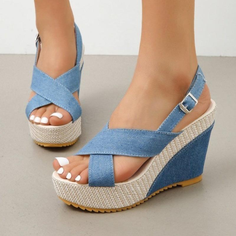 Fashion Summer Platform Sandals Women Peep Toe High Wedges Heel Ankle Buckles Ladies Sandalias Canvas Female Sandals Designer Shoes