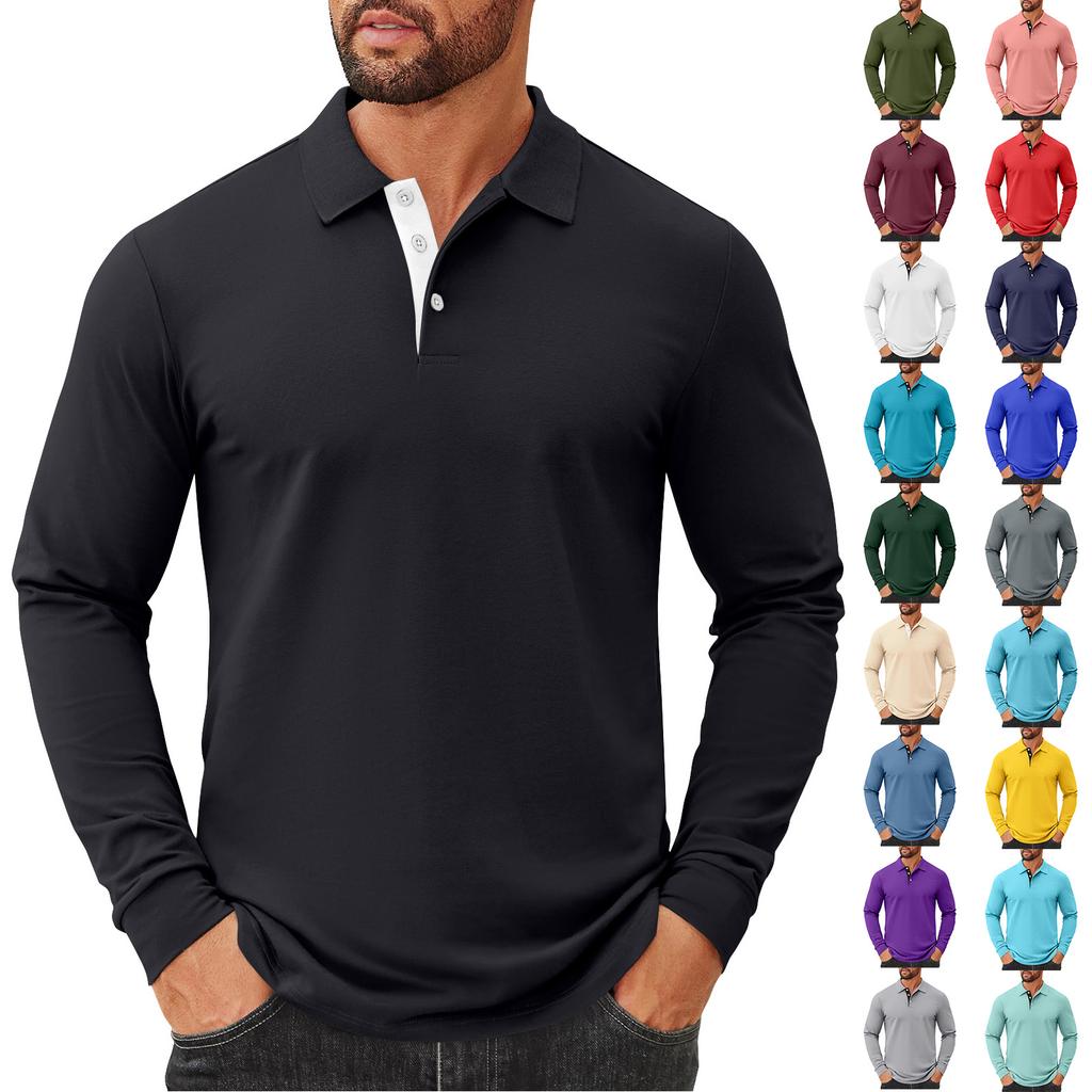 Men's Solid Color Button Lapel Long Sleeve Top Men's Casual Fashion Long Sleeve Top