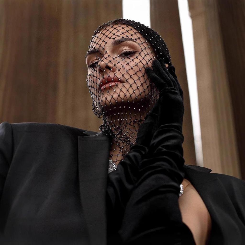 Rhinestone Fishnet Headscarf & Diamond Mask - Trendy Holiday Party Hat & Fashion Statement.