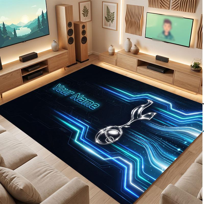 Tottenham Hotspur FC Custom Crystal Velvet Rug, Personalized Name Text Print, Football Logo Soft Non‑Slip Floor Mat Home Decor Gift