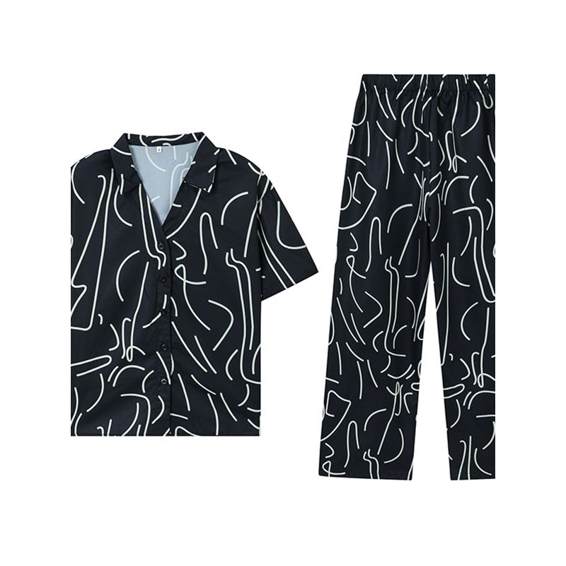 Fashion Wind Spring and Summer New Arrival V-neck Single Breasted Print Loose Short Sleeve Shirt Wide Leg Pants Casual Two-Piece Suit