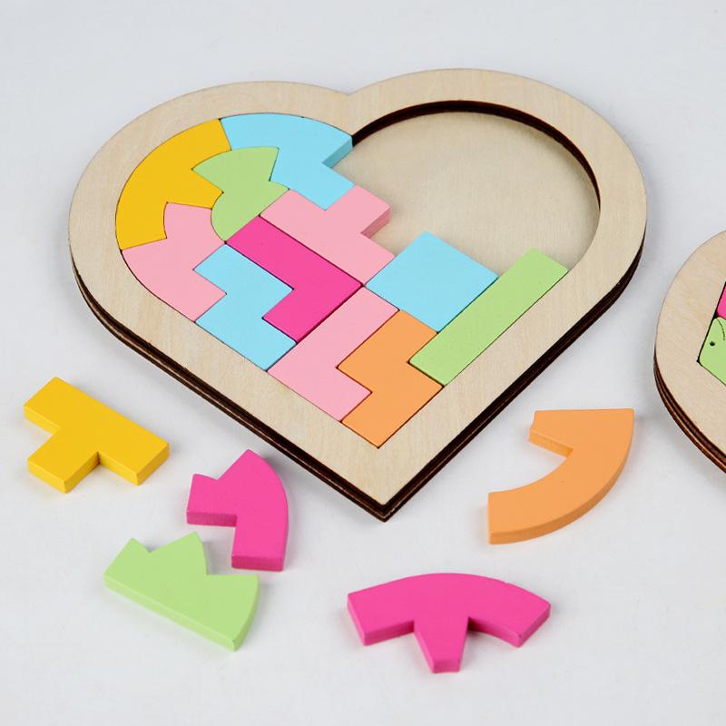 Dětská dřevěná 3D logická hra Barevná Jigsaw Tangram Matematické hračky Tvar srdce Dětské Montessori vzdělávací hračky