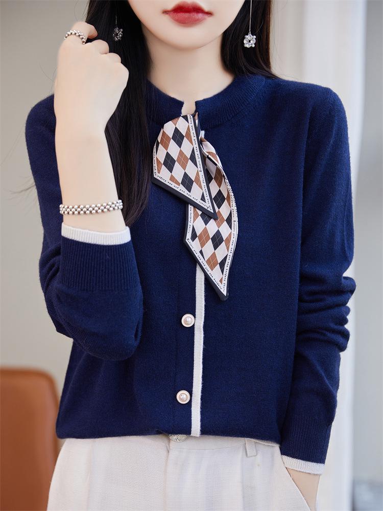 Autumn 2023 Women's Wool Knitwear: Stylish Scarf-Collar Cardigan Sweater