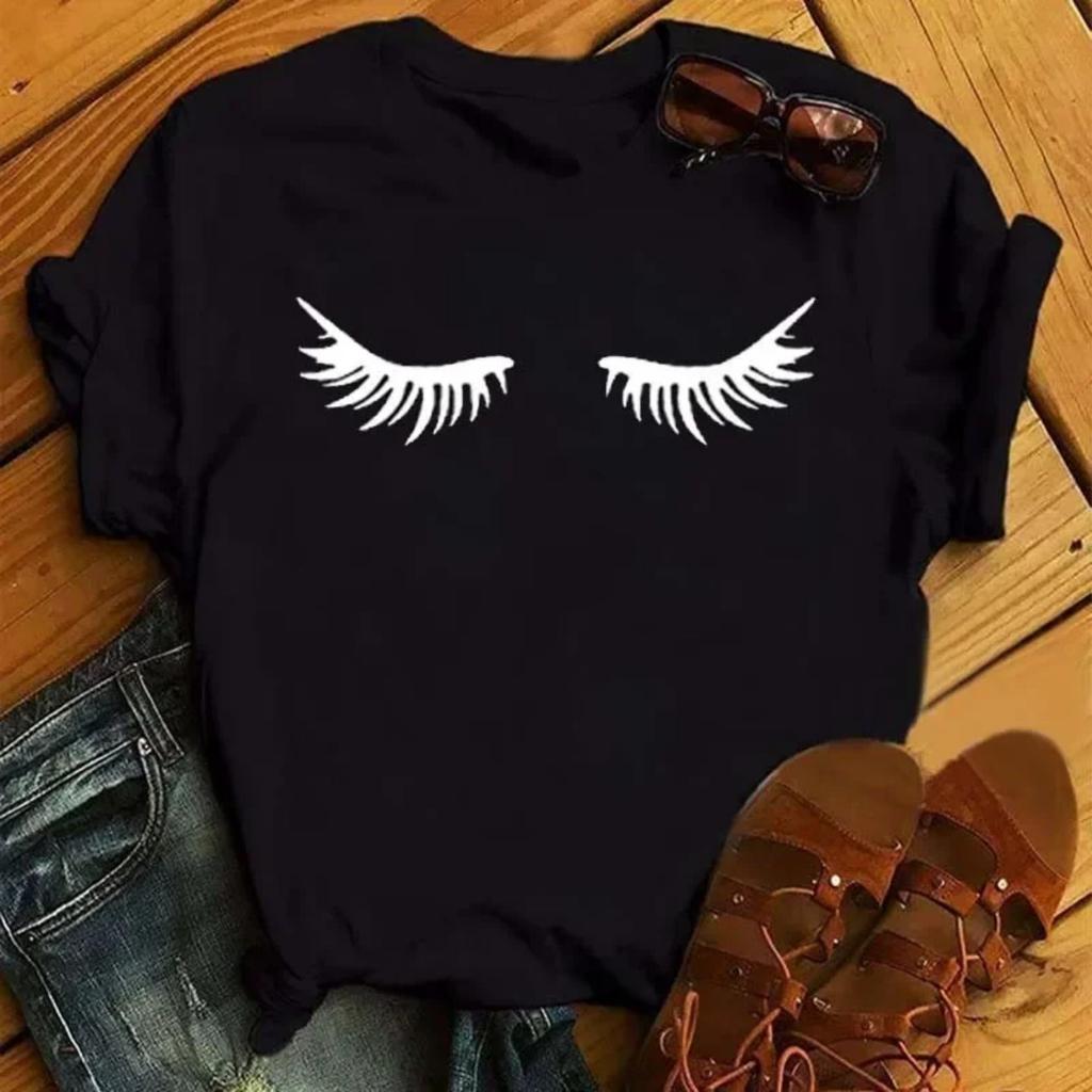 Plus Size Maycaur Fashion Graphic Women Tops Eyelashes Print Kawaii Lashes Women T Shirt Tee Funny Makeup Aesthetic Shirt