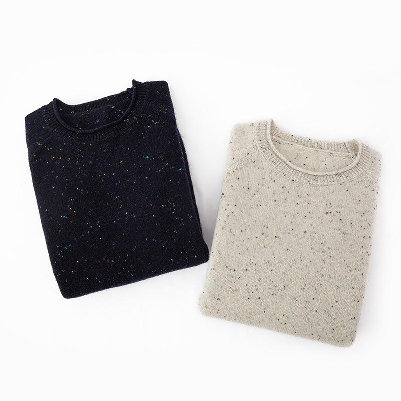 Women's Round Neck Cashmere Sweater - Rolled Hem, Marled Dot Yarn, Warm Knit for Autumn/Winter