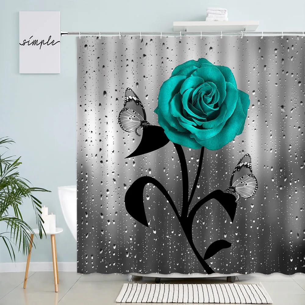 Butterfly Red Rose Shower Curtains Black Leaves Waterdrop Background Creative Nordic Woman Home Bathroom Decor Bath Curtain Set